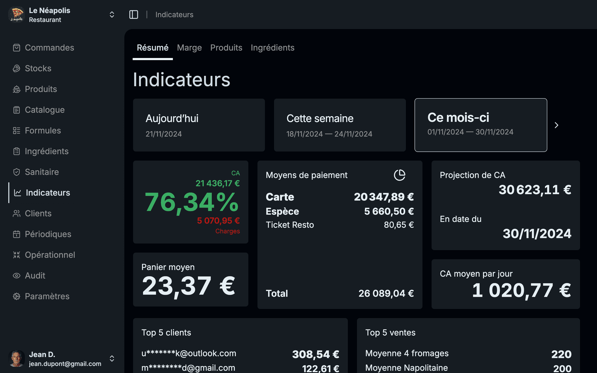Digitalisation restaurant avec Jennyz - Interface en mode sombre
